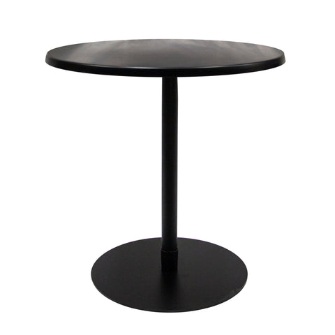 A round black cafe table with a central pedestal base.