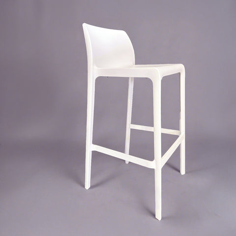 A white bar stool designed with a backrest, suitable for indoor or outdoor use.