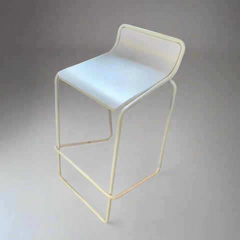 A white bar stool with a sleek modern design, featuring a curved seat and a metal frame.